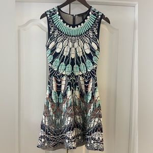 Feather print BCBG dress with key hole back